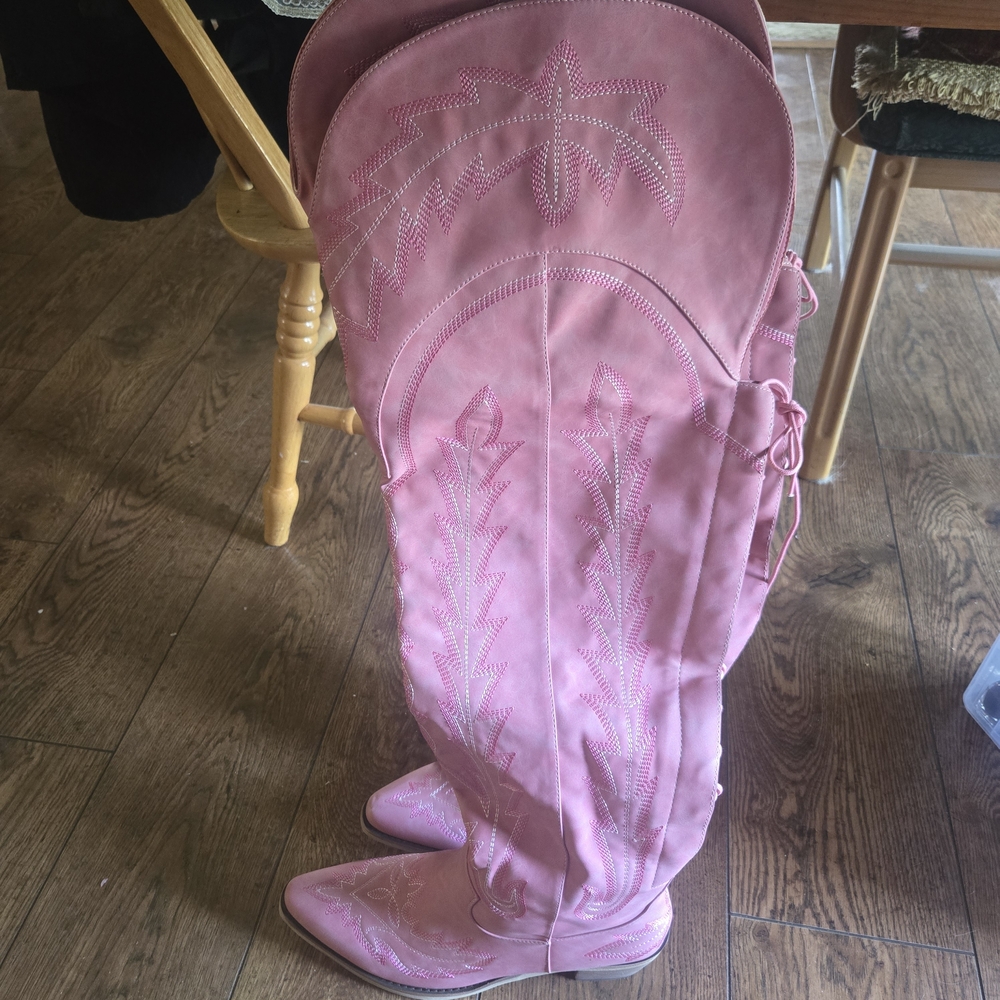 Very Cool Thigh High, Pink Embroidered Western Boots - Picture 3 of 8